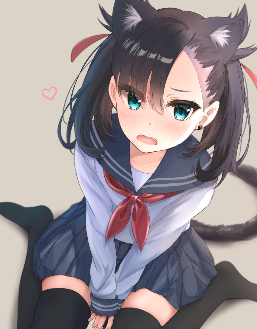 1girls, black hair, blue eyes, cat ears, cat girl, cat tail, catgirl, earrings, female, hair ribbon, haru (re ilust), looking at viewer, marnie (pokemon), nintendo, pokemon, pokemon ss, school uniform, thighhighs, twintails, wariza