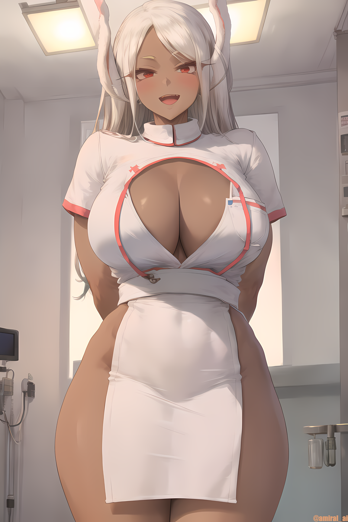1girls, ai generated, amiral ai, braless, breasts, brown skin, cleavage, clothing, dark skin, dark-skinned female, female, female only, hips, huge breasts, long hair, miruko, my hero academia, no bra, no panties, no underwear, nurse, nurse outfit, rumi usagiyama, shounen jump, thick thighs, thighs, white hair, wide hips
