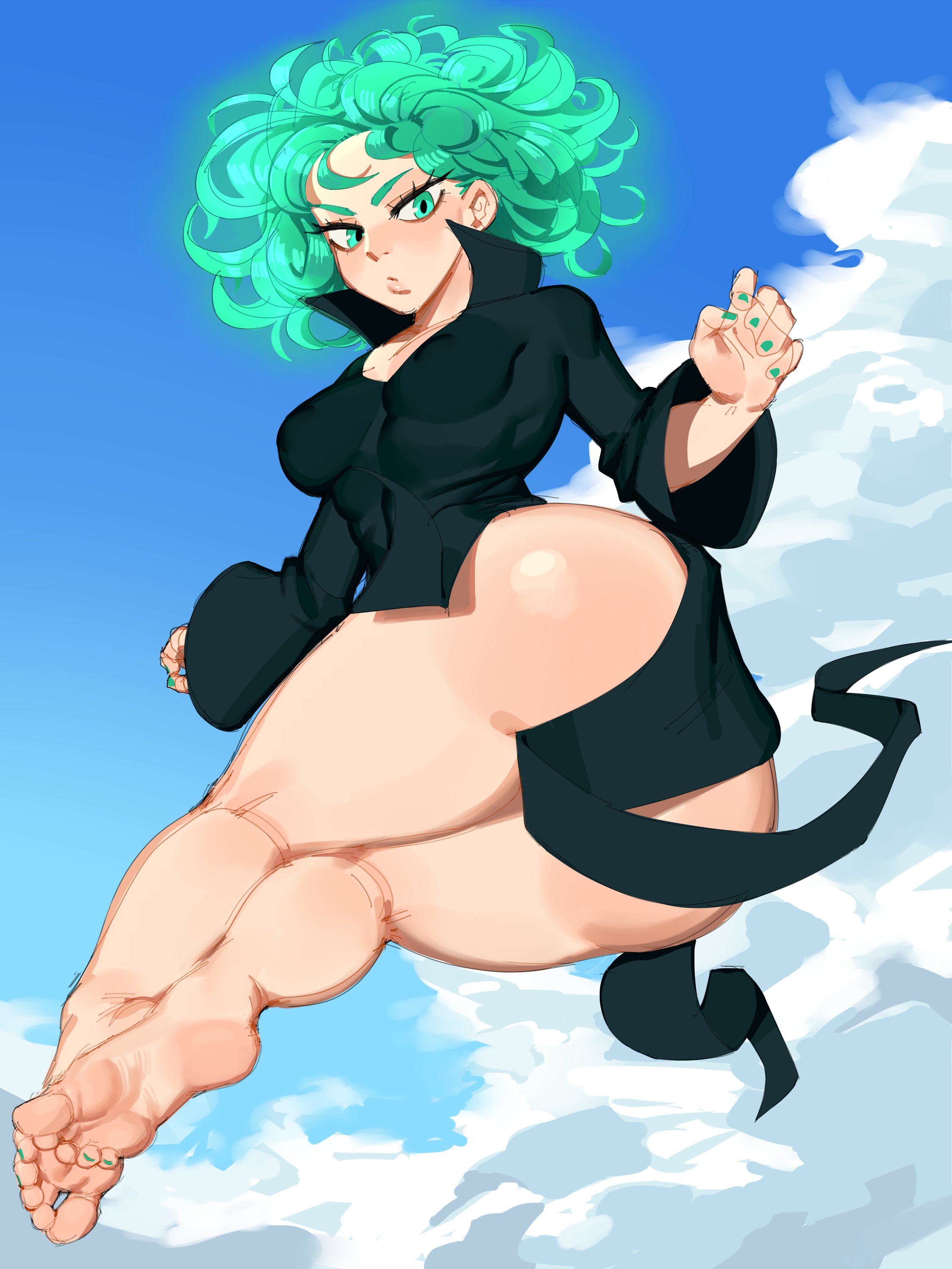 1girls, ass, barefoot, big ass, big butt, black dress, bottomless, breasts, clothing, feet, female, female only, floating, green eyes, green hair, green nails, looking back, nezulet, one-punch man, open mouth, shiny skin, short hair, solo, solo female, tatsumaki, thick calves, thick legs, thighs together