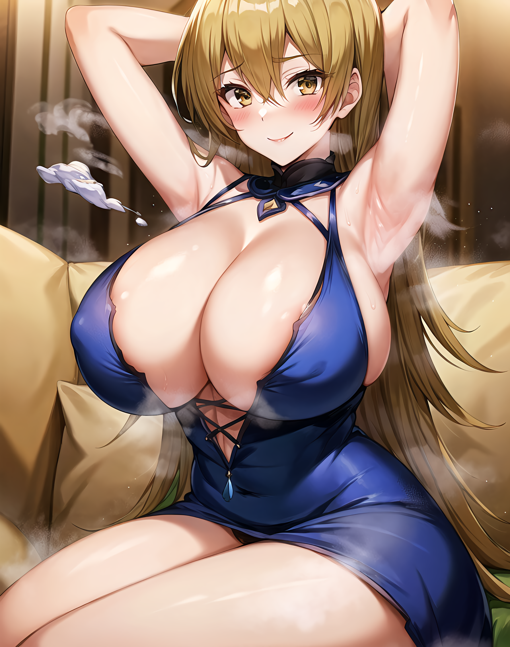 1girls, ai generated, alexis rhodes, arms behind back, arms up, blonde hair, curvaceous, curvy, curvy body, curvy female, dress, female, hi res, high resolution, highres, looking at viewer, seductive look, stable diffusion, tenjouin asuka, voluptuous, voluptuous female, yu-gi-oh!