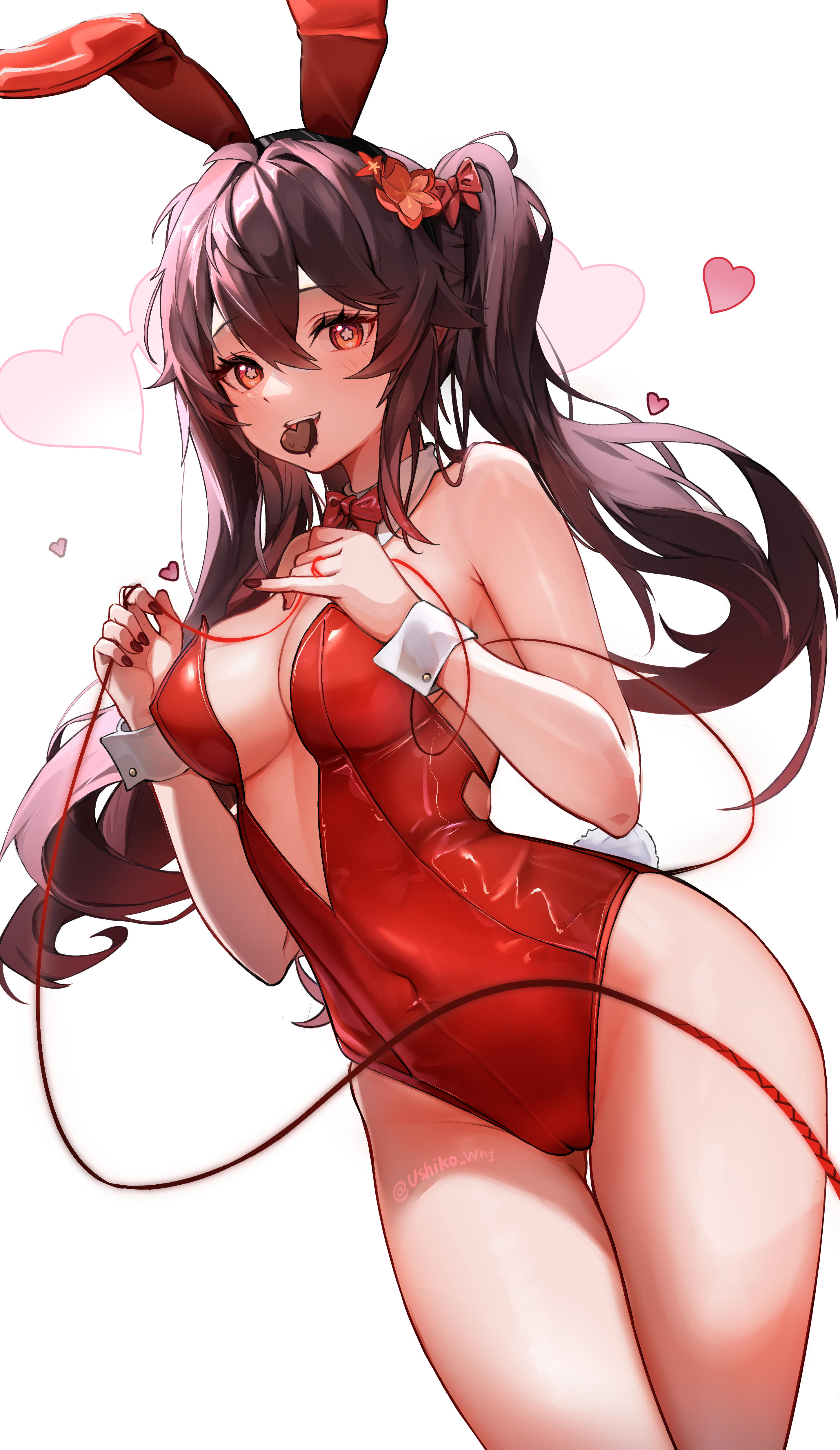 1girls, alternate breast size, bare thighs, breasts, brown hair, bunnysuit, female, genshin impact, hu tao (genshin impact), leotard, playboy bunny, red eyes, small breasts, string panties, twintails, ushiko xiansheng, valentine's day