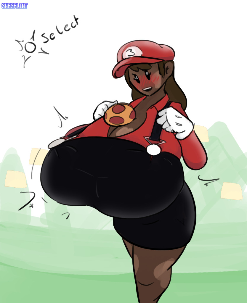 1girls blush breast breasts_bigger_than_head brown_hair cleavage dot_eyes female female_focus female_only gloves hips hyper hyper_breasts large_breasts mario_(series) mushroom nintendo overalls snesflint super_mario_bros. super_mushroom thick_thighs thighs trés_(snesflint) vitiligo