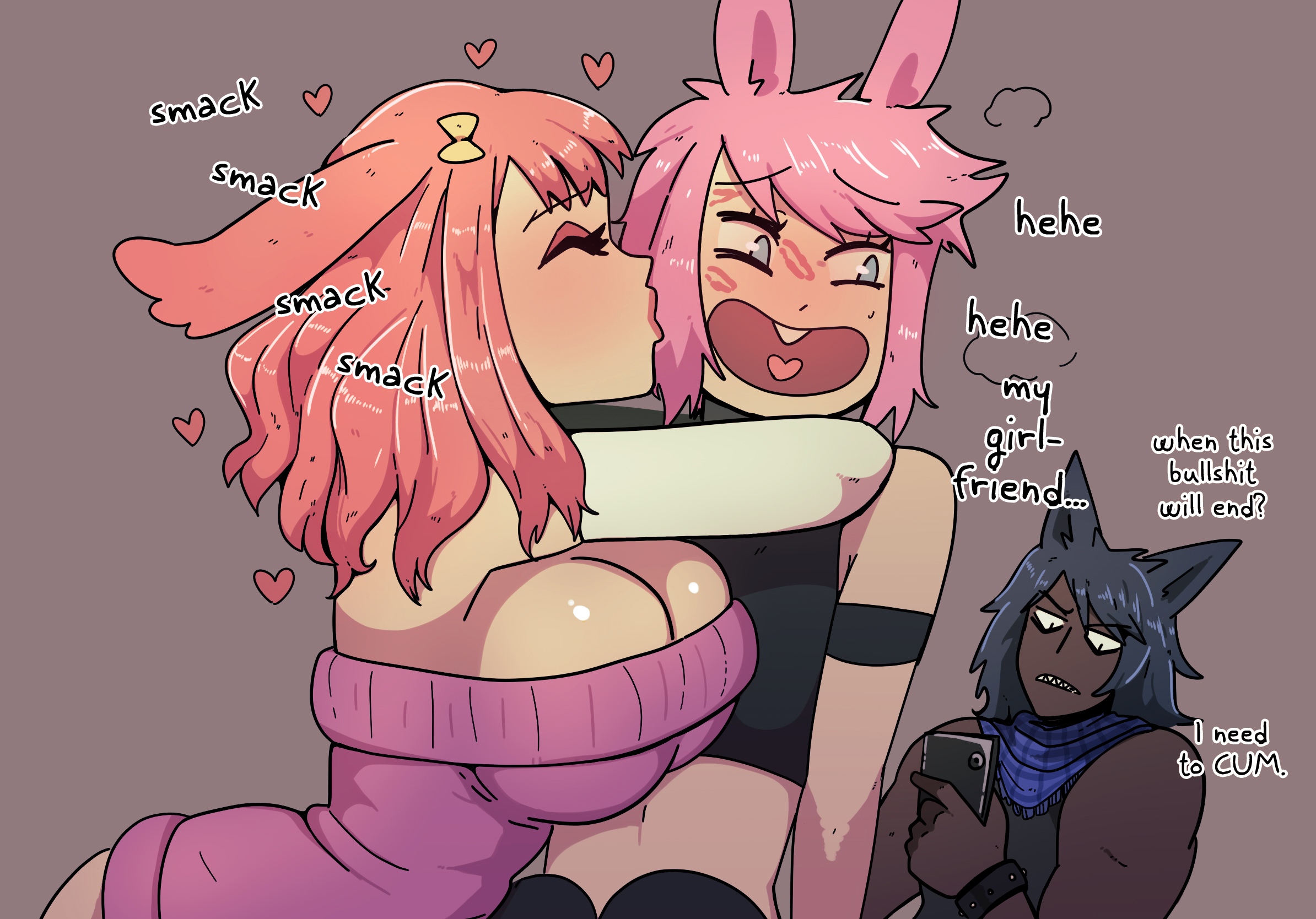 1girls, 2boys, androgynous, big breasts, black hair, blue eyes, breast press, breasts, breasts pressed against partner, bunny boy, bunny ears, bunny girl, cheating, cheating female, cheating girlfriend, cleavage, cuckold, dark skin, dark-skinned male, female, femboy, feminine male, hasselnut, heart, heart tongue, hi res, hug, humiliation, kiba (wolfgang bang), kiss mark, kissing, looking at phone, looking away, male, medium hair, netorare, ntr, phone, pink hair, red hair, sharp teeth, simple background, slit pupils, smile, sunny (wolfgang bang), tommy (wolfgang bang), upper teeth, wolf boy, wolf ears, wolfgang bang