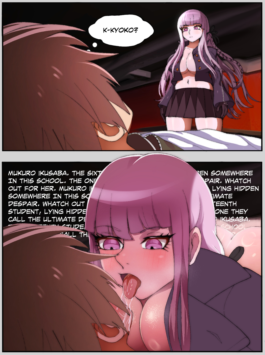 1boy, 1girls, ass, blush, braid, brown hair, danganronpa, danganronpa: trigger happy havoc, drooling, english text, female, human, kirigiri kyouko, long hair, male, naegi makoto, okaimikey, open clothes, open jacket, purple eyes, purple hair, saliva, straight, straight hair, text, tongue