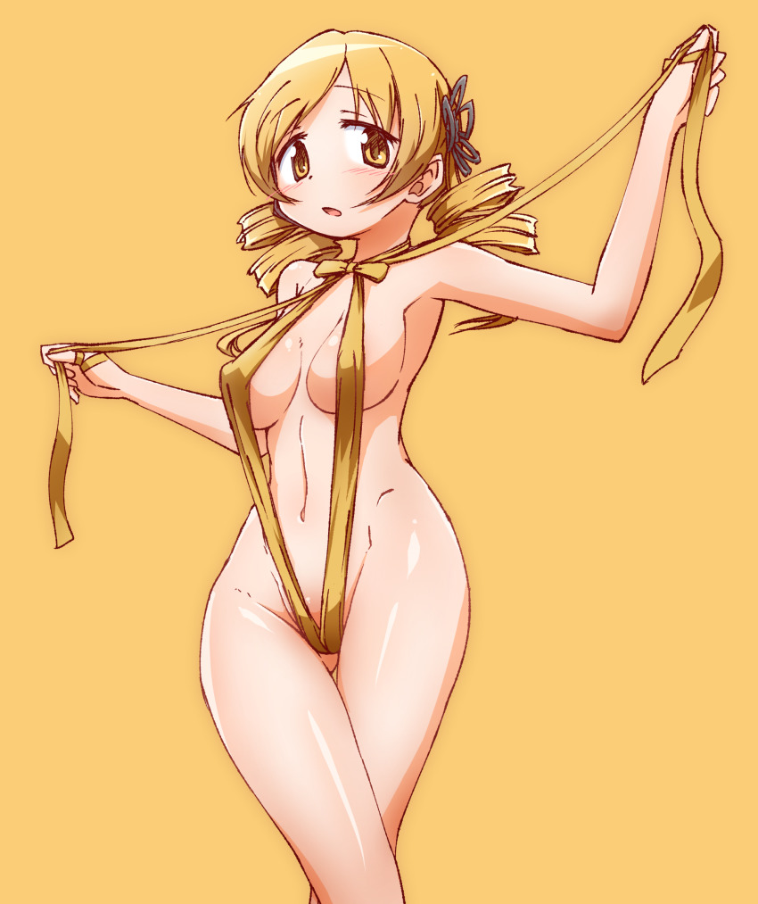 absurdres arms_up bikini black_ribbon blonde_hair blush bondage breasts breasts_apart covered_erect_nipples curvaceous curvy curvy_body curvy_female curvy_figure drill_hair feet_out_of_frame female hair_ribbon highres human human_only large_breasts looking_at_viewer magical_girl mahou_shoujo_madoka_magica mami_tomoe medium_breasts naked naked_female naked_ribbon navel nude nude_female open_mouth puella_magi_madoka_magica ribbon simple_background slingshot_swimsuit solo strap_gap swimsuit tomoe_mami twin_drills yanmaami yellow_background yellow_bikini yellow_eyes yellow_theme young