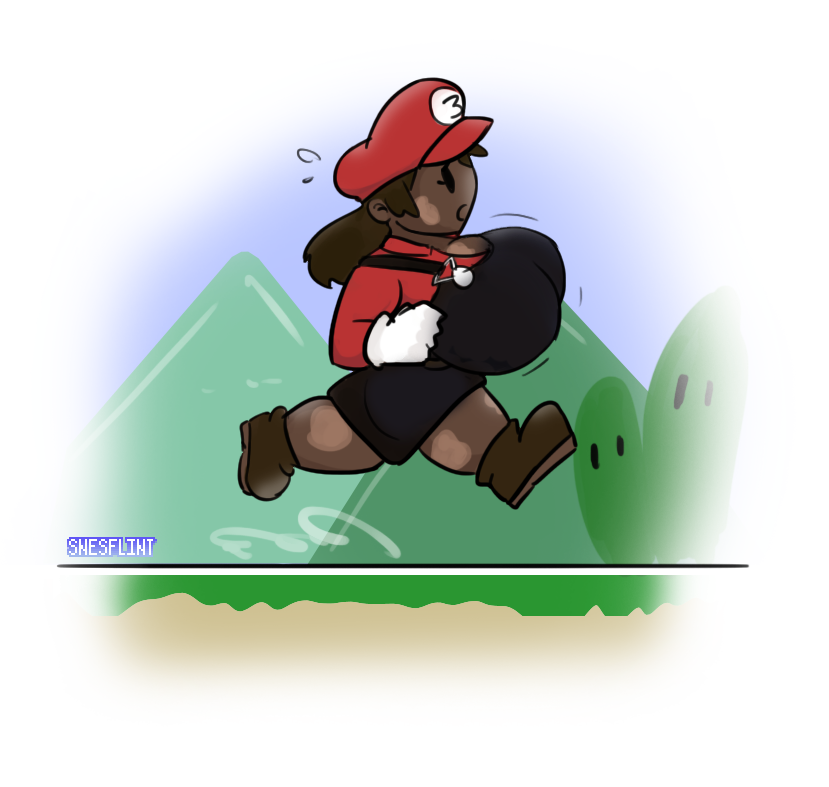 1girls ass bouncing_breasts breast dark-skinned_female dot_eyes female female_focus female_only gloves hips hyper hyper_breasts large_breasts mario_(cosplay) mario_(series) mario_hat overalls running shortstack side_view snesflint super_mario_bros. thick_thighs thighs trés_(snesflint) vitiligo