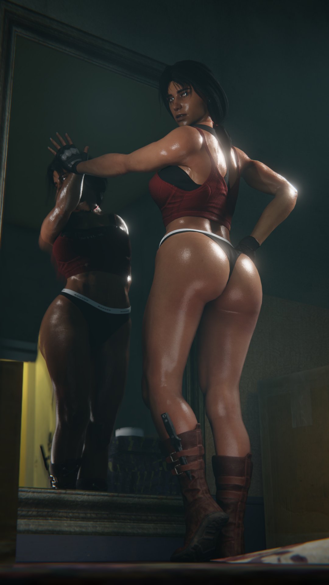3d, ass, big ass, boots, brazilian, brazilian female, brown skin, caveira (rainbow six), dark lighting, female, fingerless gloves, knife, looking at viewer, mirror, muscles, muscular, muscular female, ponytail, rainbow six, rainbow six siege, shiny skin, tagme, tank top, thong