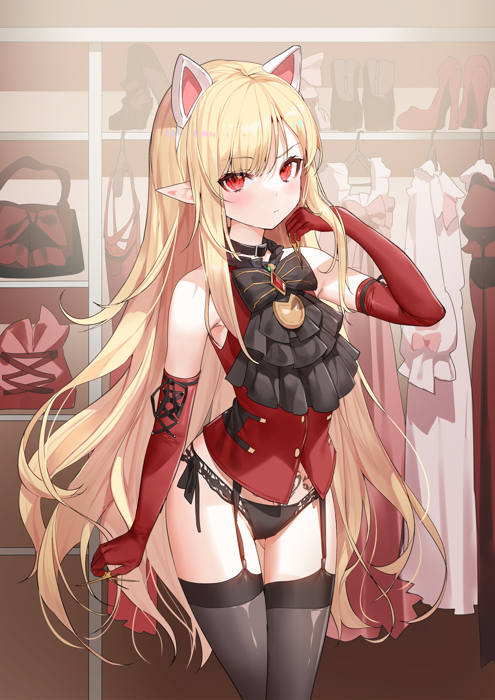 1girls, ascot, black panties, blonde hair, breasts, cat ears, choker, closet, clothes, clothes hanger, corset, dress, elbow gloves, elf, elf ears, elf female, fake animal ears, female, garter straps, gloves, high heels, lingerie, long hair, looking at viewer, medium breasts, panties, pubic tattoo, purse, red corset, red eyes, ronopu, tattoo, thighhighs, wardrobe