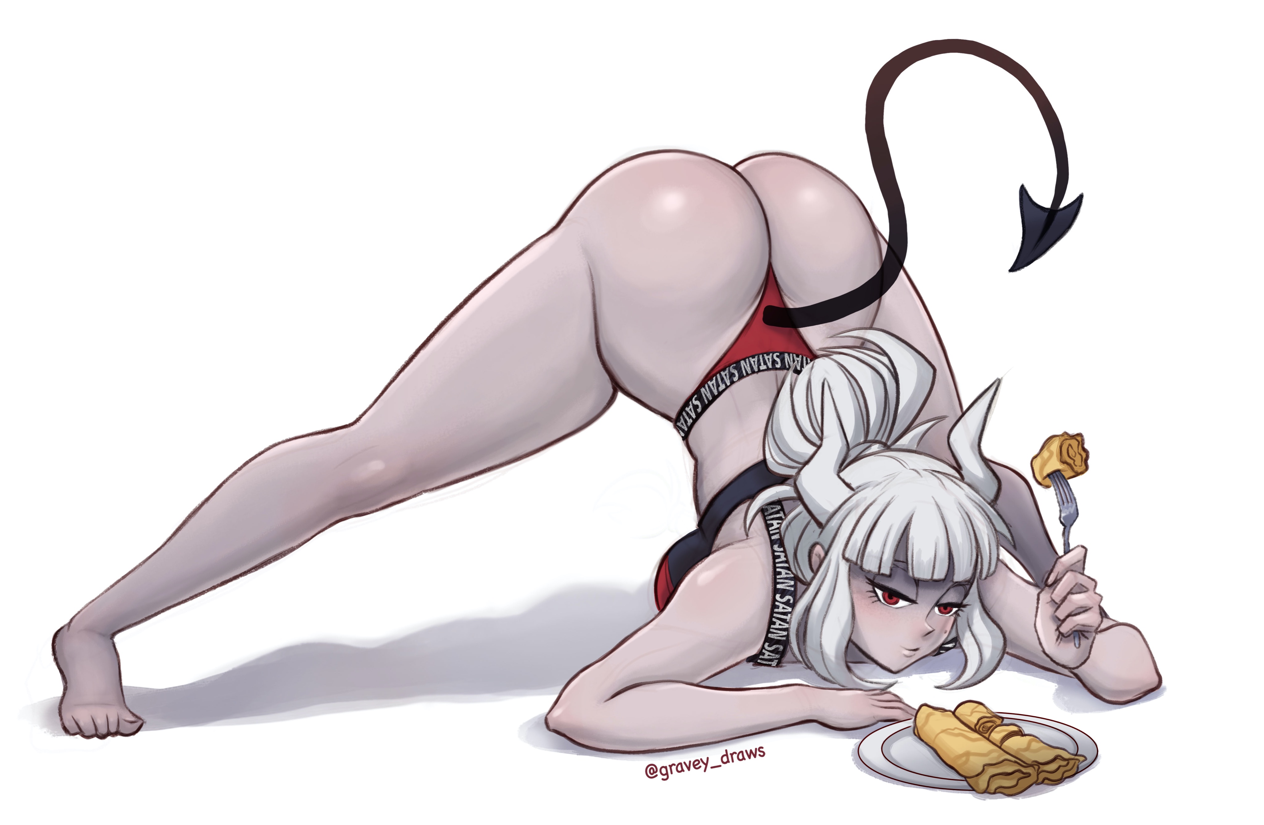 1girls, ass, ass up, bangs, barefoot, devil horns, devil tail, female, flexible, food, fork, garter straps, gravey draws, half-closed eyes, helltaker, horns, jack-o pose, looking at viewer, lucifer (helltaker), pale skin, panties, red eyes, seductive look, solo, tail, underwear, white background, white hair