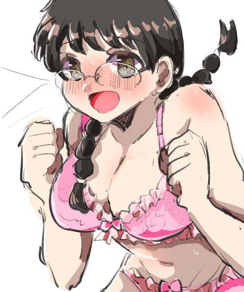 big_breasts black_hair blush body_blush bra braided_hair brown_eyes cleavage colored_sketch female female_only genderswap_(mtf) gintama glasses long_hair looking_at_viewer open_mouth panties patituti_13 pink_bra pink_panties rule_63 shimura_shinpachi smile solo sweat twin_braids underwear