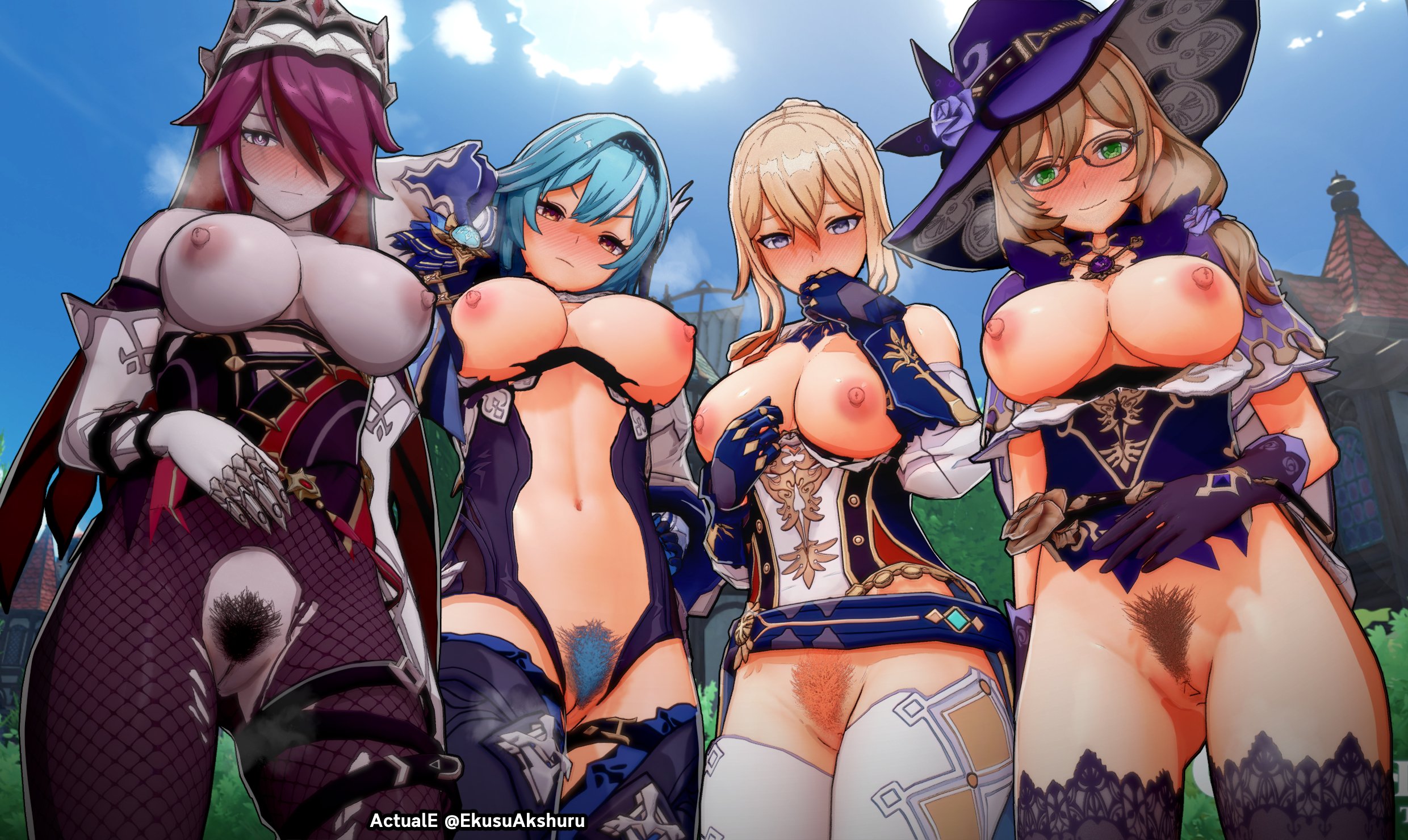 4girls, actuale, big breasts, breasts, eula (genshin impact), female, female only, female pubic hair, fishnet legwear, fishnets, genshin impact, gloves, jean gunnhildr, koikatsu, large breasts, lisa (genshin impact), multiple females, multiple girls, nipples, pubic hair, pussy, rosaria (genshin impact), stockings, thighhighs