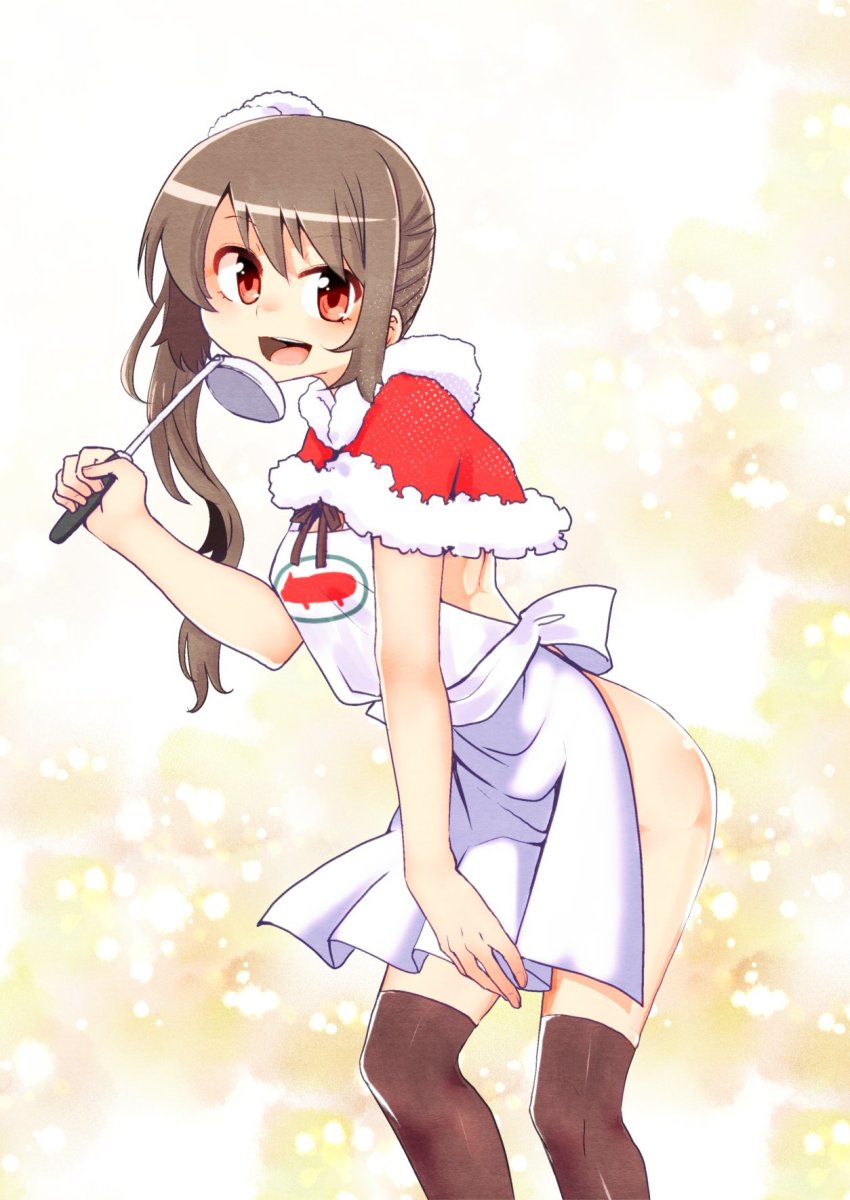 absurdres apron ass brown_eyes brown_hair female female_only happy highres human kitchen_utensils leaning_forward long_hair looking_at_viewer magia_record:_mahou_shoujo_madoka_magica_gaiden magical_girl mahou_shoujo_madoka_magica naked_apron orange_eyes puella_magi_madoka_magica simple_background smile solo textless thighhighs young yui_tsuruno yumenomori