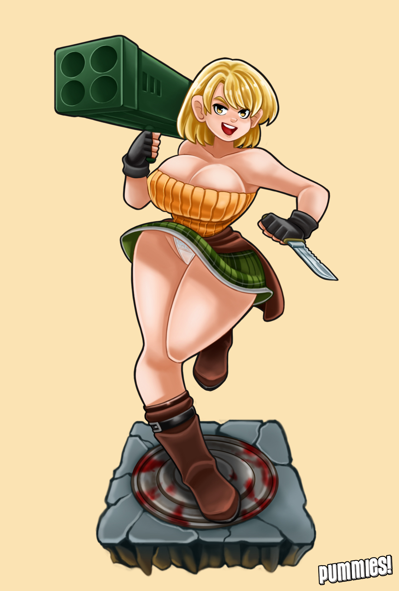 1girls, 2d, ashley graham, ashley graham (brooke elizabeth mathieson), blonde hair, breasts, capcom, clothed, female, female only, gun, huge breasts, jill valentine (cosplay), knife, light skin, light-skinned female, looking at viewer, miniskirt, pummies, resident evil, resident evil 4, rocket launcher, skirt, smiling at viewer, tagme, thick thighs, upskirt, valentine's day, yellow eyes