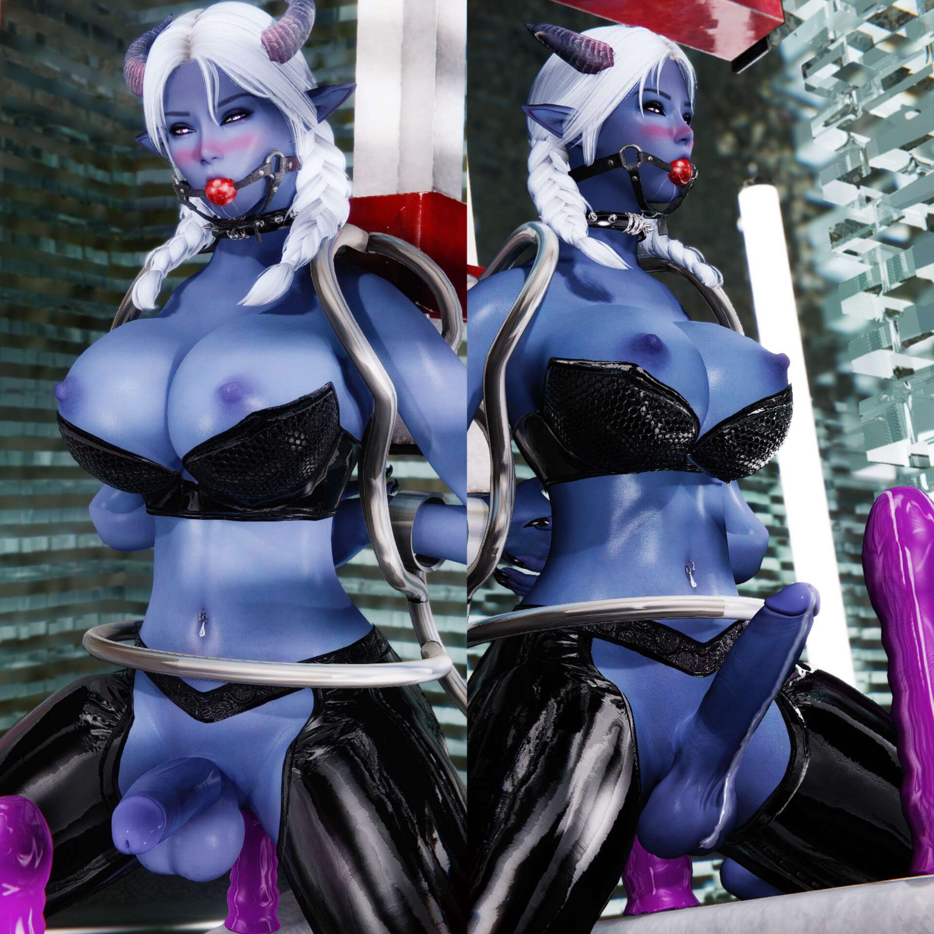 1futa, 3d, anal, ass, big breasts, big penis, blue body, blue skin, blush, breasts, cleavage, cum while penetrated, demon, demon girl, demon horns, dildo, dildo in ass, elf, elf ears, elf futa, erection, female, flaccid, futa only, futa sans pussy, futanari, futanemesislol, gag, gagged, hands tied, hands-free, handsfree ejaculation, heart-shaped pupils, indoors, intersex, looking at viewer, machine, mostly nude, nail polish, nails, naked, navel, navel piercing, nipples, nude, nude futa, penis, pointy ears, precum, selene (futanemesislol), self upload, sex toy, skyrim, solo, solo futa, tagme, the elder scrolls, thick ass, thick thighs, thighhighs, white hair