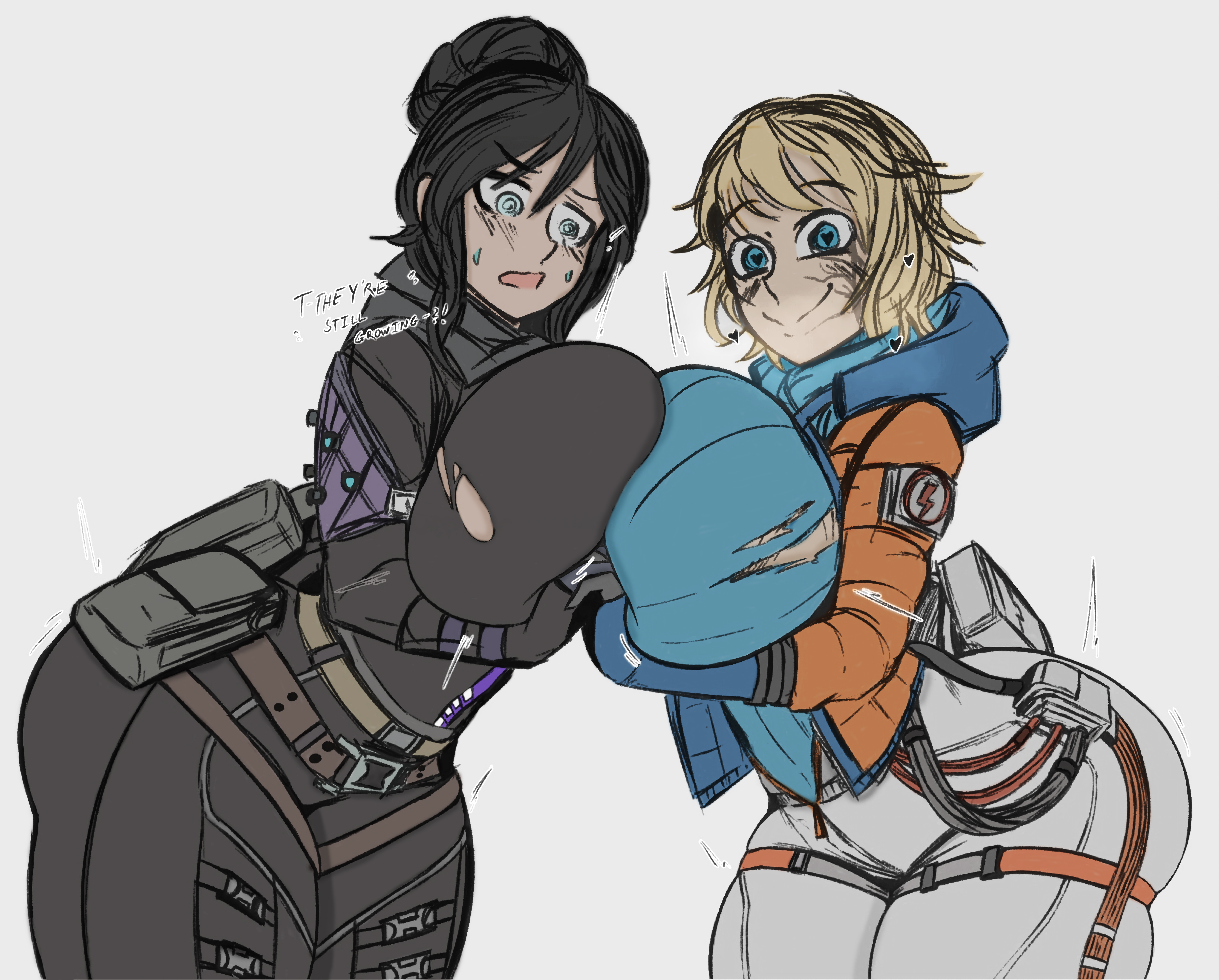 @ @, 2girls, apex legends, ass, ass expansion, big ass, big breasts, blush, blush lines, bottom heavy, breast expansion, breast growth, breast growth (enlargement), breast press, breast squeeze, breast squish, breasts, bubble ass, bubble butt, critnuke, female, gigantic ass, gigantic breasts, gigantic butt, growth, heart-shaped pupils, huge breasts, looking at viewer, massive ass, massive breasts, massive butt, massive thighs, outgrowing clothes, stretched clothing, sweat, sweatdrop, thick, thick ass, thick hips, thick legs, thick thighs, thigh expansion, tight clothing, tight fit, tight pants, wardrobe malfunction, wattson (apex legends), wraith (apex legends)
