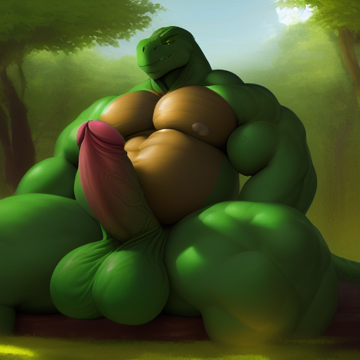 anthro aritst:boltthewolf dinosaur forest_background green_scales handsome huge_balls huge_cock male mud_pit muscular muscular_male rex(scarlet_nuclearwinter) scalie scarlet_nuclearwinter t-rex tornado