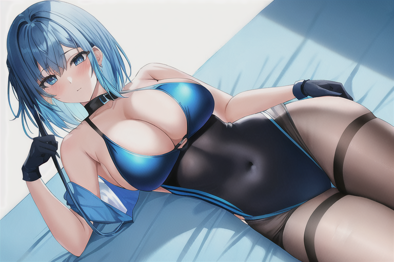 ai_generated black_legwear blue_eyes blue_hair blush gloves necklace one-piece_swimsuit pantyhose pantyhose_under_swimsuit thick_thighs thighband_pantyhose thighs