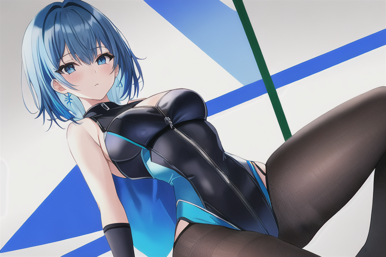 ai_generated big_breasts blue_eyes blue_hair blush gloves narrow_waist one-piece_swimsuit pantyhose pantyhose_under_swimsuit thick_thighs thighs