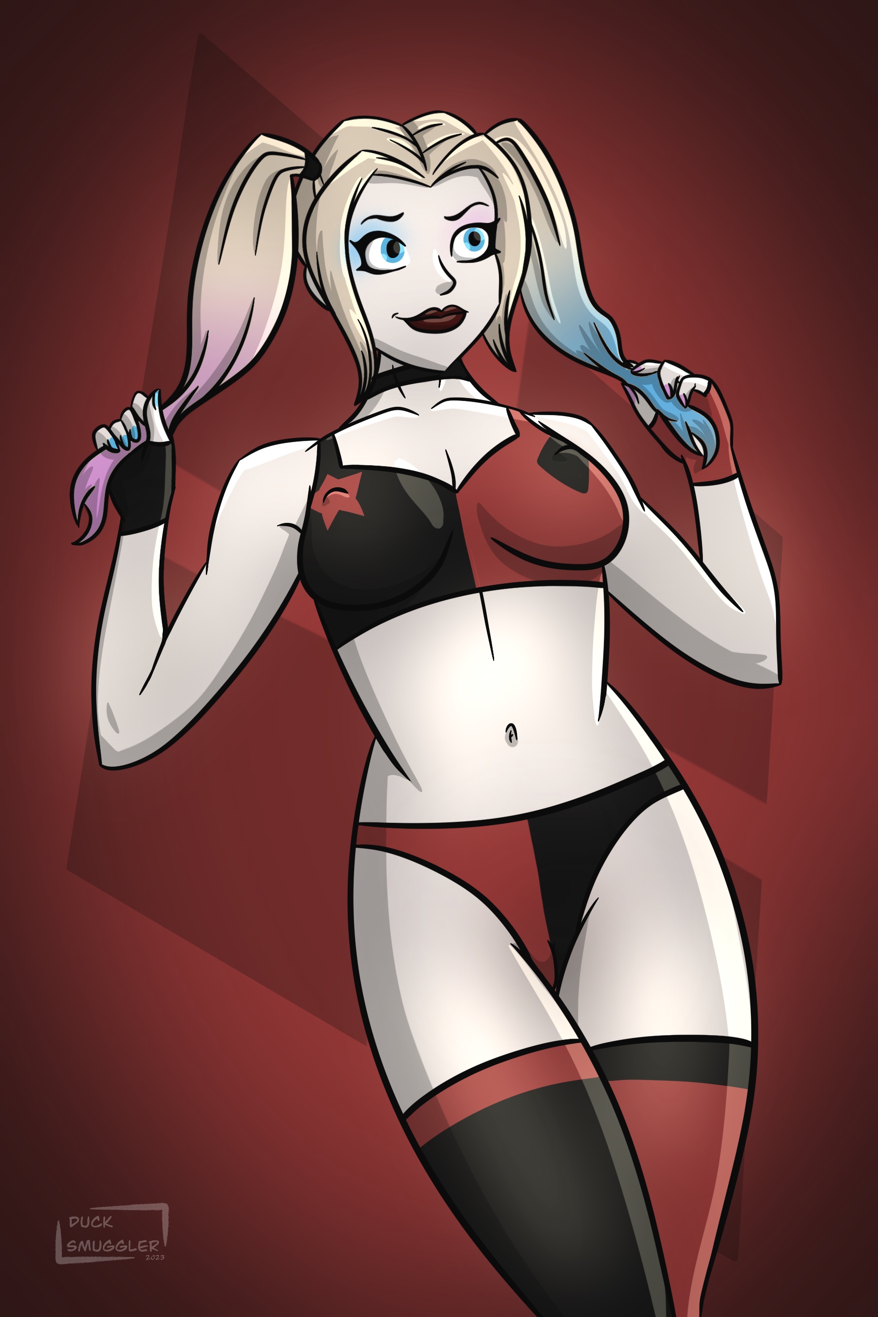 1girls, asymmetrical legwear, batman (series), black socks, blue eyes, blue hair, dc, dc comics, duck smuggler, female, female only, fully clothed, harleen quinzel, harley quinn, harley quinn (2019), harley quinn (series), multicolored panties, multicolored underwear, naked, nude, pale skin, panties, pierced nipples, pink hair, red socks, seductive, socks, solo, thigh socks, thighhighs, two-tone panties, two-tone underwear, underwear