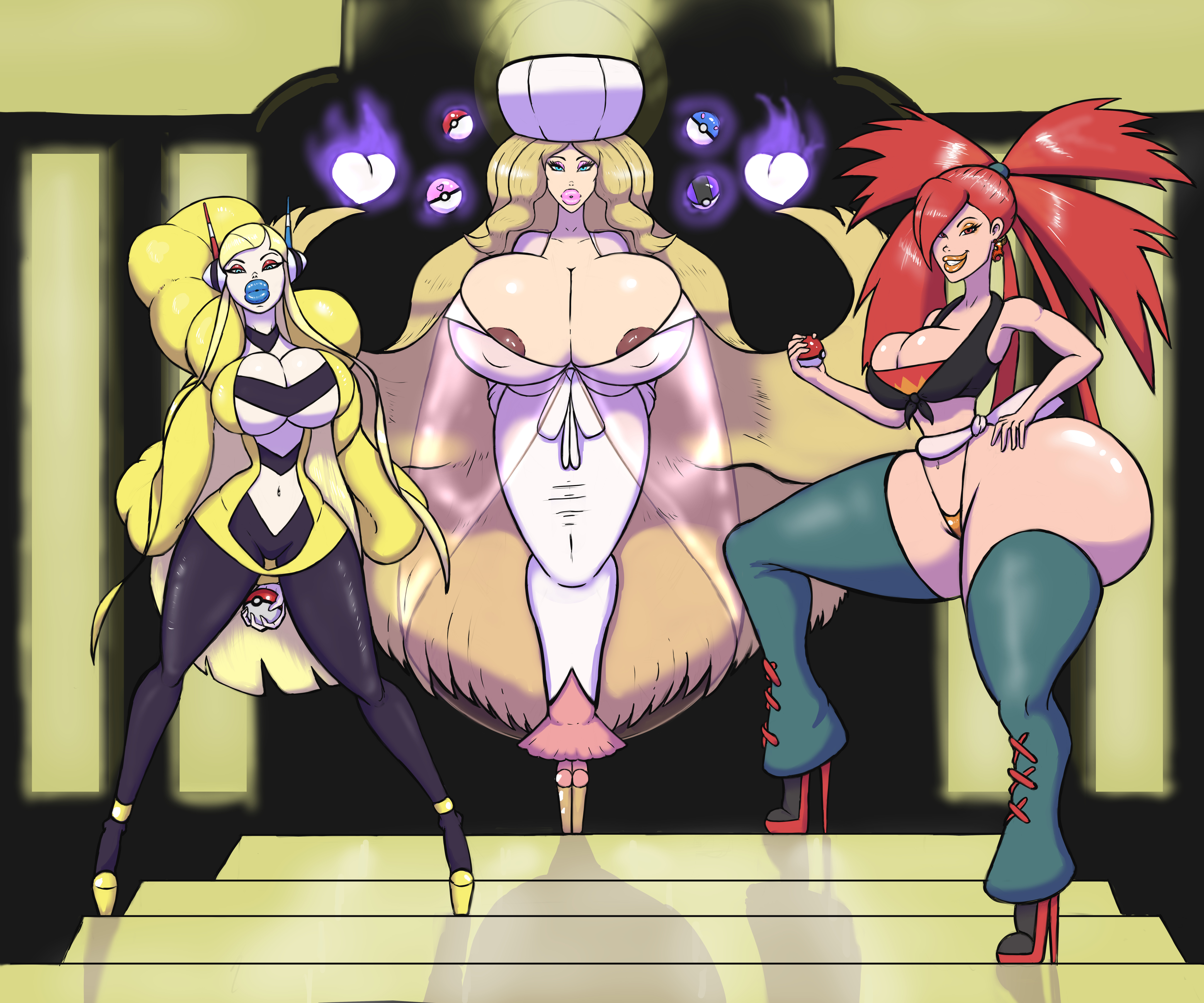 3girls, after transformation, alternate breast size, ass, ass vs breasts, bimbo lips, bimbofication, bimbofied, bottom heavy, bradtanker3, breasts, caitlin (pokemon), elesa (pokemon), female, female only, flannery (pokemon), high heels, huge ass, huge breasts, hyper breasts, implied transformation, latex, multiple females, multiple girls, navel, nipples, pokemon, post-transformation, thick lips, thick thighs, top heavy, transformation, wide hips