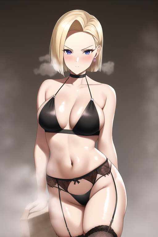 ai generated, android 18, black panties, breasts, dragon ball, dragon ball z, female, large breasts, legwear, lingerie, steam, steaming body, tagme, thong, underwear