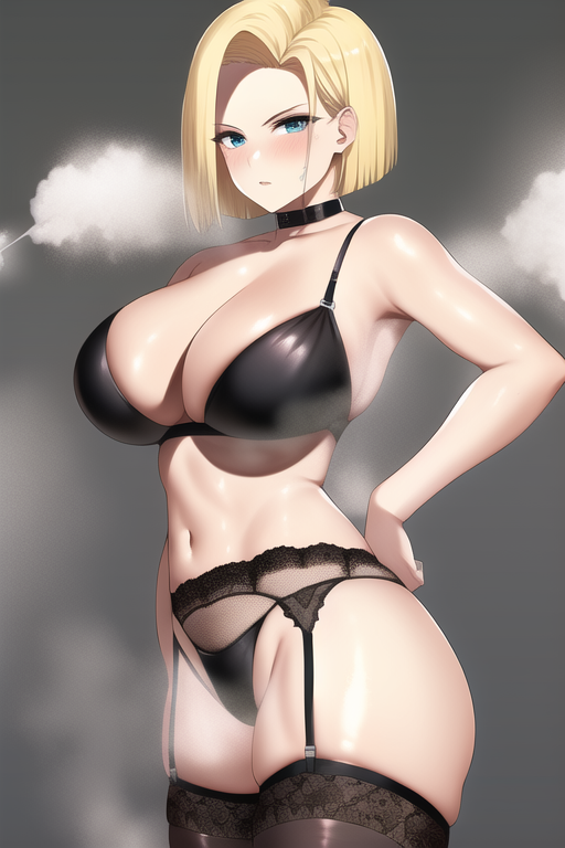 ai generated, android 18, black panties, breasts, dragon ball, dragon ball z, female, large breasts, legwear, lingerie, steam, steaming body, tagme, thong, underwear