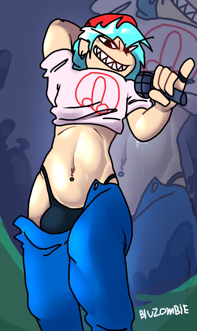 artist_name belly_button belly_piercing blue_hair bluuunsfw_(artist) boner boyfriend_(friday_night_funkin) boyfriend_(tails_gets_trolled) bulge bulge_through_clothing first_porn_of_character friday_night_funkin friday_night_funkin_mod grin hand_behind_head holding_microphone holding_object jpeg male male_focus male_only pants_down pinky_out red_hat sweaty tails_gets_trolled toony toothy_grin