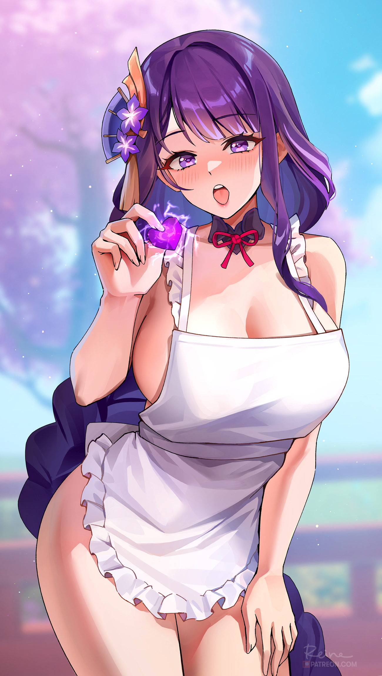 1girls, apron, apron only, braided hair, breasts, chocolate, female, foxy rain (foxyreine), foxyrain (foxyreine), foxyreine, genshin impact, high resolution, hips, holding object, huge breasts, leaning forward, light skin, light-skinned female, long hair, massive breasts, naked apron, open mouth, purple eyes, purple hair, raiden shogun, slim waist, thick thighs, thighs, valentine's day, very long hair, white hair, wide hips