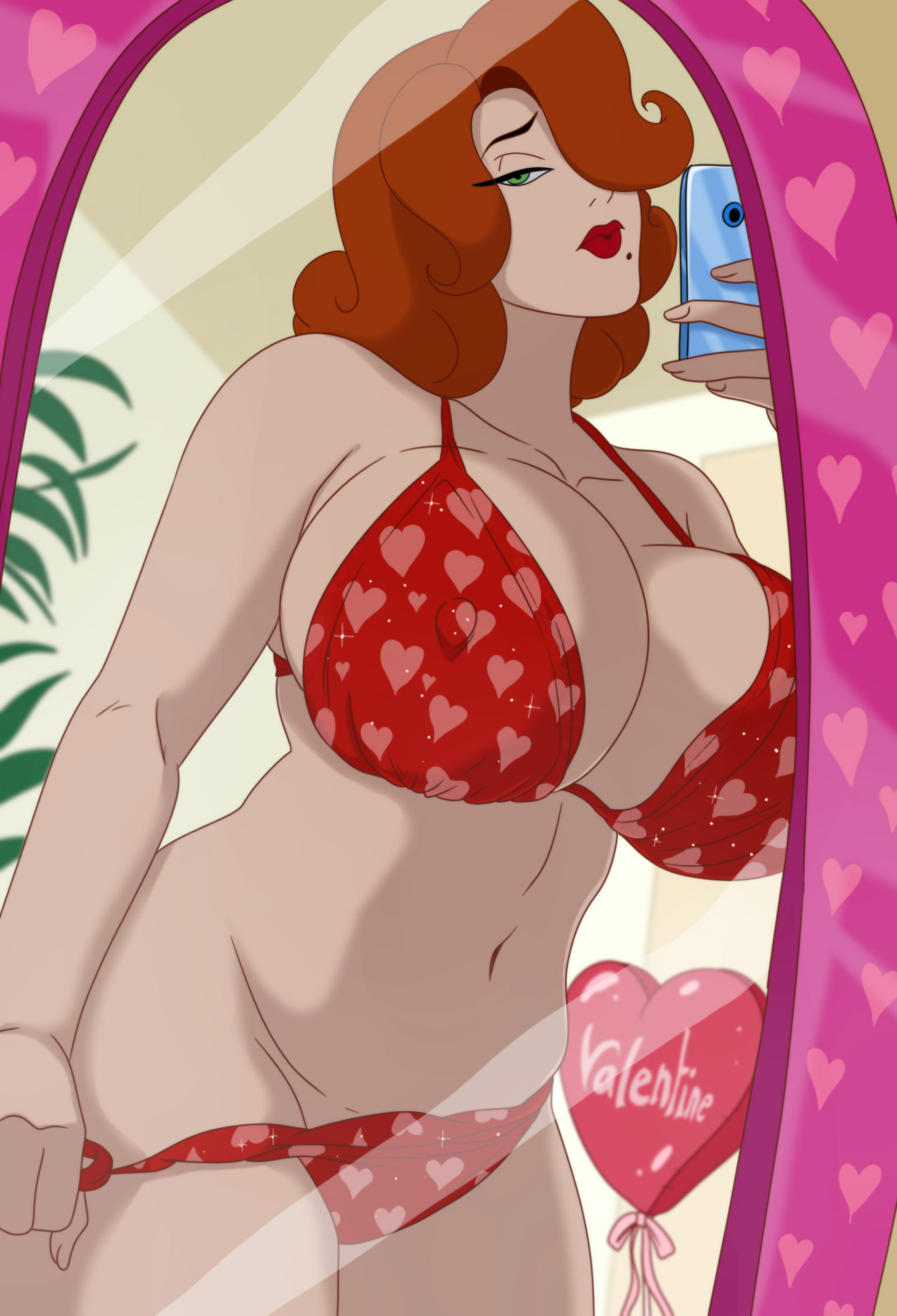 beauty mark, big breasts, bikini, breasts, cameltoe, cili (disscreenvision), discreenvision, female, holidays, inusen, lipstick, looking at viewer, milf, pussy, red hair, selfie, short hair, striped panties, swimsuit, taking picture, the secret of the house, valentine's day