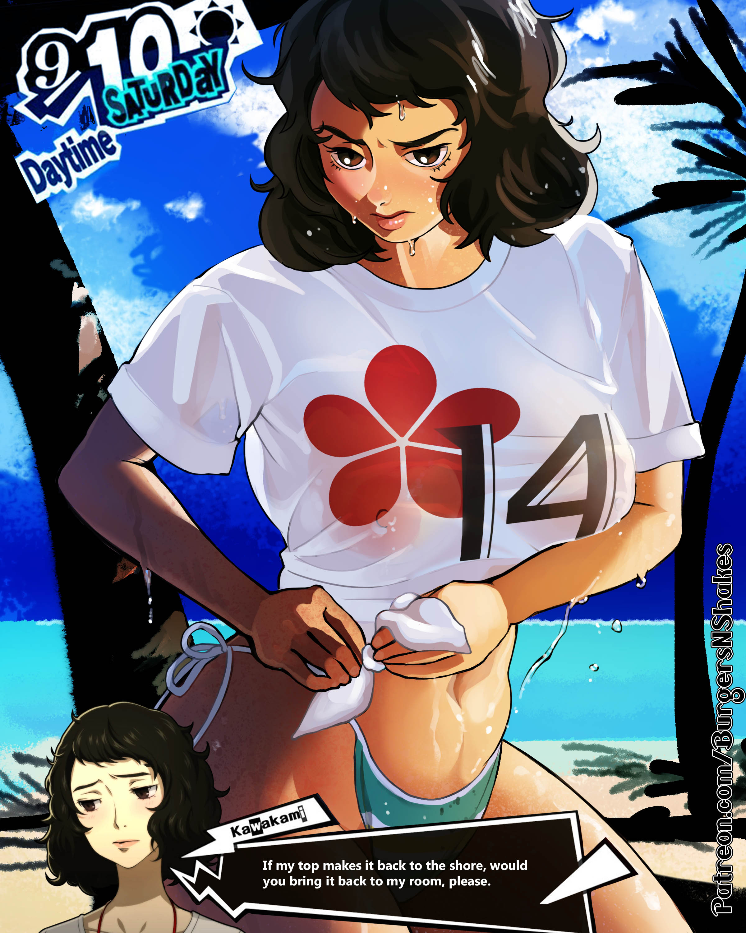 1girls, beach, bikini, black hair, burgersnshakes, english text, female, female only, persona, persona 5, sadayo kawakami, solo, tagme, text
