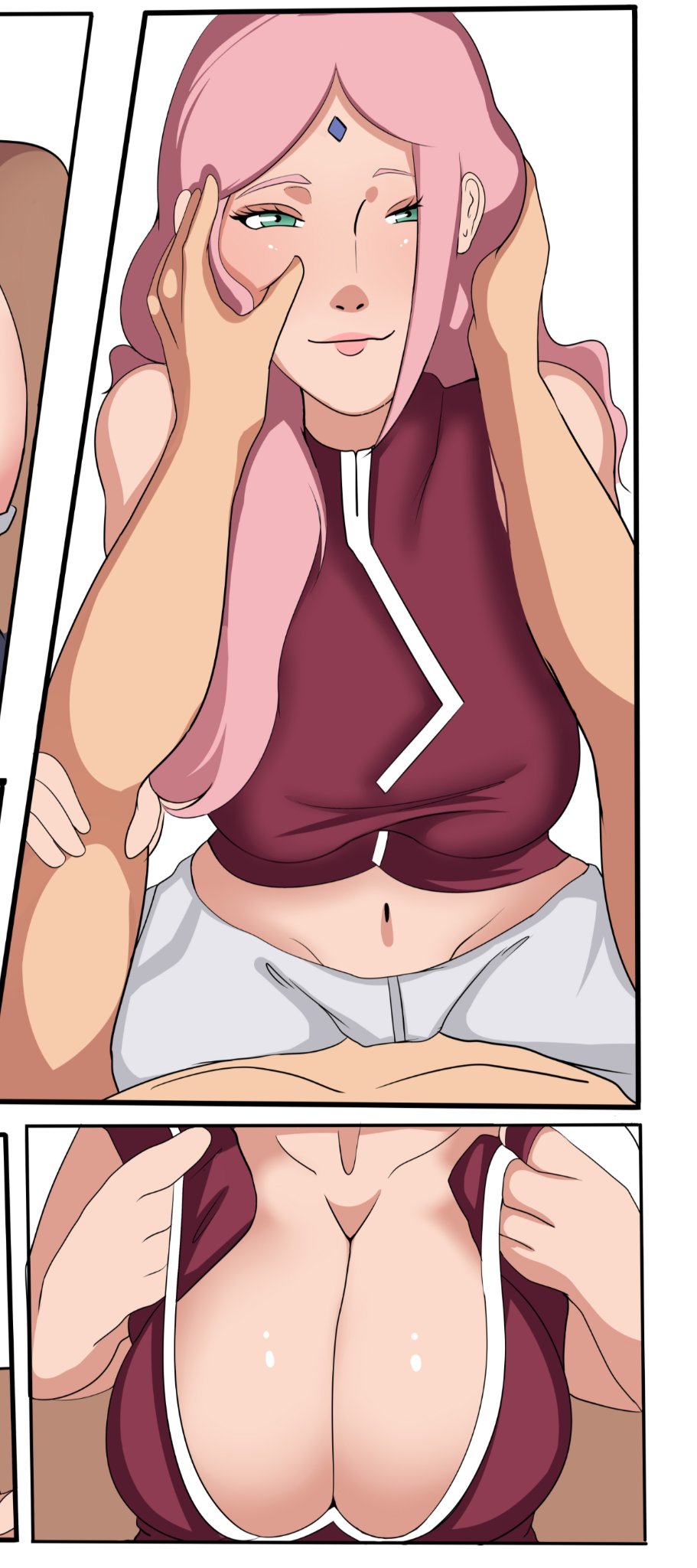 1girls, bare arms, bare shoulders, bedroom eyes, belly, belly button, big breasts, boruto: naruto next generations, breasts, breasts out, breasts outside, busty, cleavage, clothed, clothing, comic, cowgirl position, crop top, exposed breasts, faceless male, female, female focus, forehead jewel, forehead mark, fully clothed, grinding, hi res, high resolution, highres, indigopencil, inner sideboob, large breasts, light skin, light-skinned female, light-skinned male, lips, lipstick, long hair, looking at viewer, male, male pov, male/female, mature, mature female, milf, narrowed eyes, naruto, naruto (series), naruto shippuden, pale skin, pale-skinned female, pink hair, pink lips, pink lipstick, ponytail, pov, pov eye contact, presenting breasts, romantic, romantic ambiance, sakura haruno, shounen jump, sitting, sitting on lap, sitting on person, sleeveless shirt, story, straddling, straight, tied hair, undressing, voluptuous