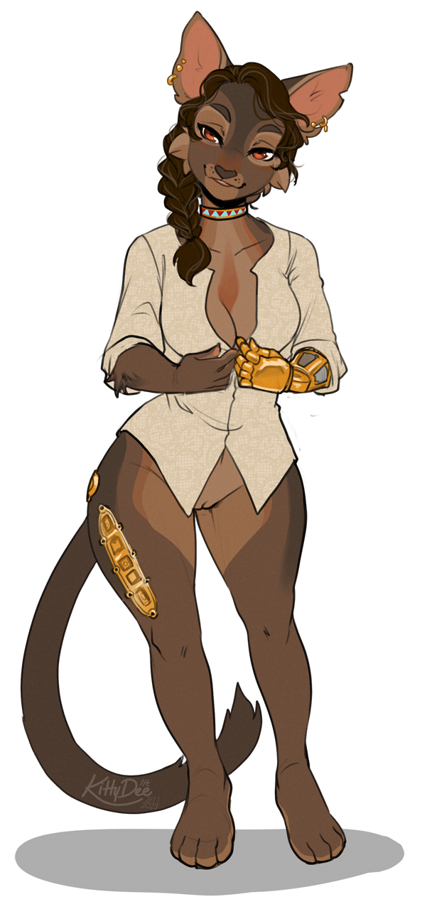 2023 4_toes 5_fingers anthro breasts brown_hair clothed clothing digital_media_(artwork) domestic_cat ear_piercing ear_ring eyebrows eyelashes feet felid feline felis female fingers genitals hair hi_res kittydee mammal orange_eyes piercing pussy ring_piercing solo toes