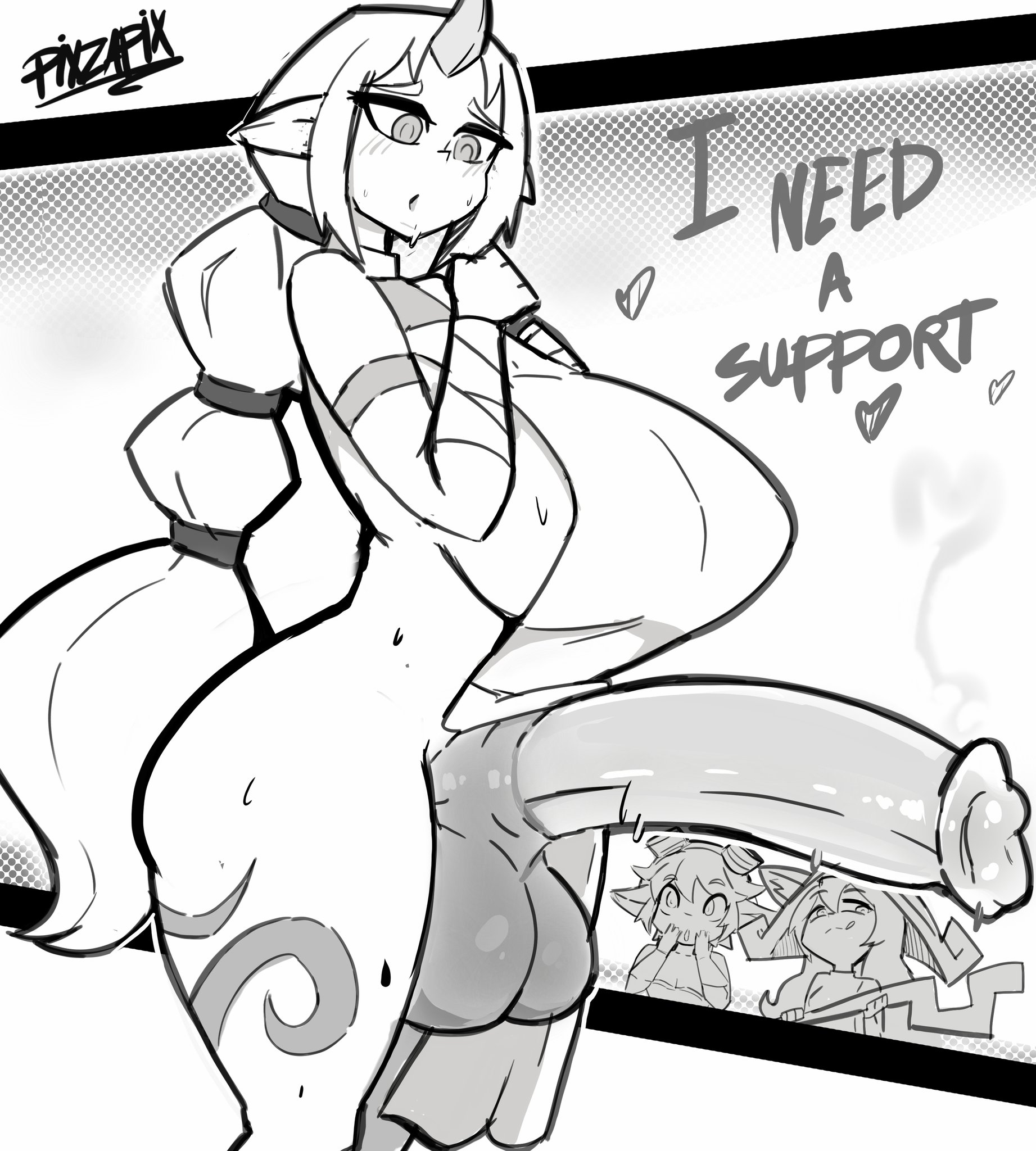 1futa, 2023, 2girls, animal genitalia, animal genitalia on humanoid, balls, black and white, body markings, bottomless, braided hair, breasts, clothed, clothing, dialogue, english text, erection, female, flared penis, futa only, futanari, horn, horse penis, horsecock, horsecock on humanoid, huge balls, huge breasts, huge cock, humanoid, intersex, league of legends, long hair, lulu the fae sorceress, monochrome, mostly nude, penis, pixzapix, sketch, soraka, standing, text, tristana, uncensored, yordle