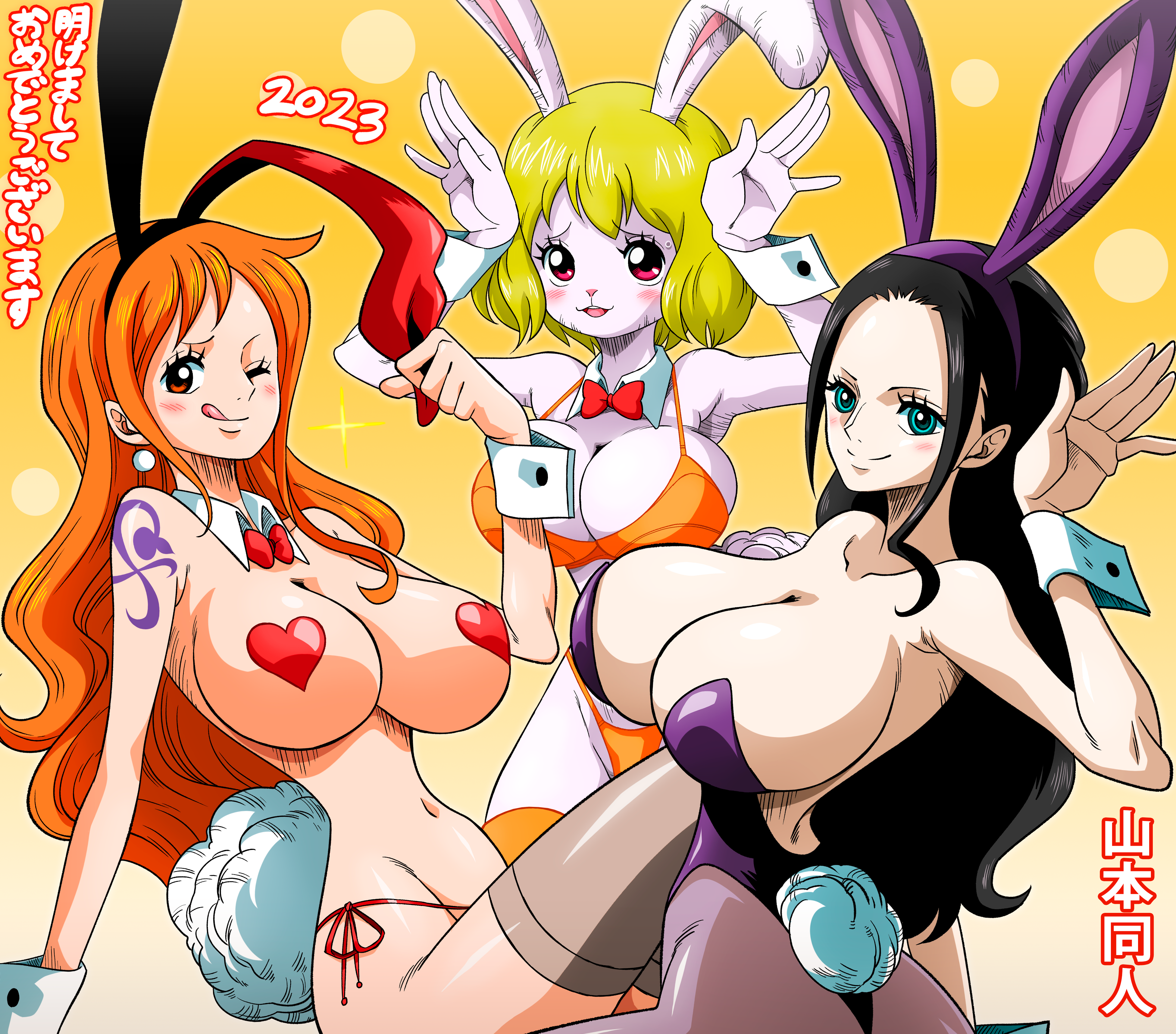 2020s, 2023, 2d, 2d (artwork), 3girls, almost naked, arm tattoo, big breasts, black hair, black-haired female, blonde hair, blonde-haired female, blue tattoo, breasts, bunny ears, bunny girl, bunnysuit, carrot (one piece), female, female only, japanese text, long hair, nami (one piece), nico robin, nipple covers, one piece, orange hair, orange-haired female, partially clothed, post-timeskip, shounen jump, tattoo, tattoo on arm, tattooed arm, wide hips, wink, yamamoto doujin, year of the rabbit