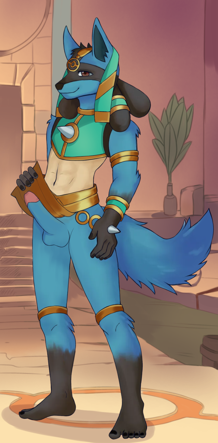 anthro blue_body brown_eyes canid canine canis clothed clothing erection generation_4_pokemon hi_res holowear_(pokemon) jack_mery jackal lucario male mammal nintendo pokemon pokemon_(species) pokemon_unite ruins_style_lucario solo