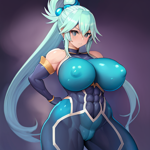 1girls, abs, ai generated, aqua (konosuba), blue hair, breasts, female, female only, huge breasts, kono subarashii sekai ni shukufuku wo!, muscular, muscular female, solo, stable diffusion