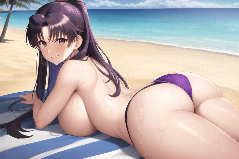 ai generated, ass, beach, big ass, big breasts, bikini, blush, breasts, female, long hair, lying, misato katsuragi, neon genesis evangelion, smiling, topless female, wet body