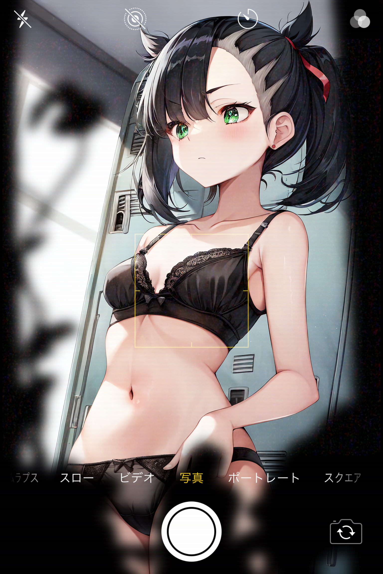 1girls, ai generated, black hair, bra, breasts, changing room, female, green eyes, hiding, highres, lingerie, marnie (pokemon), navel, panties, peeping, petite, phone, phone screen, pigtails, pokemon, pokemon ss, small breasts, taking picture, twintails, underwear