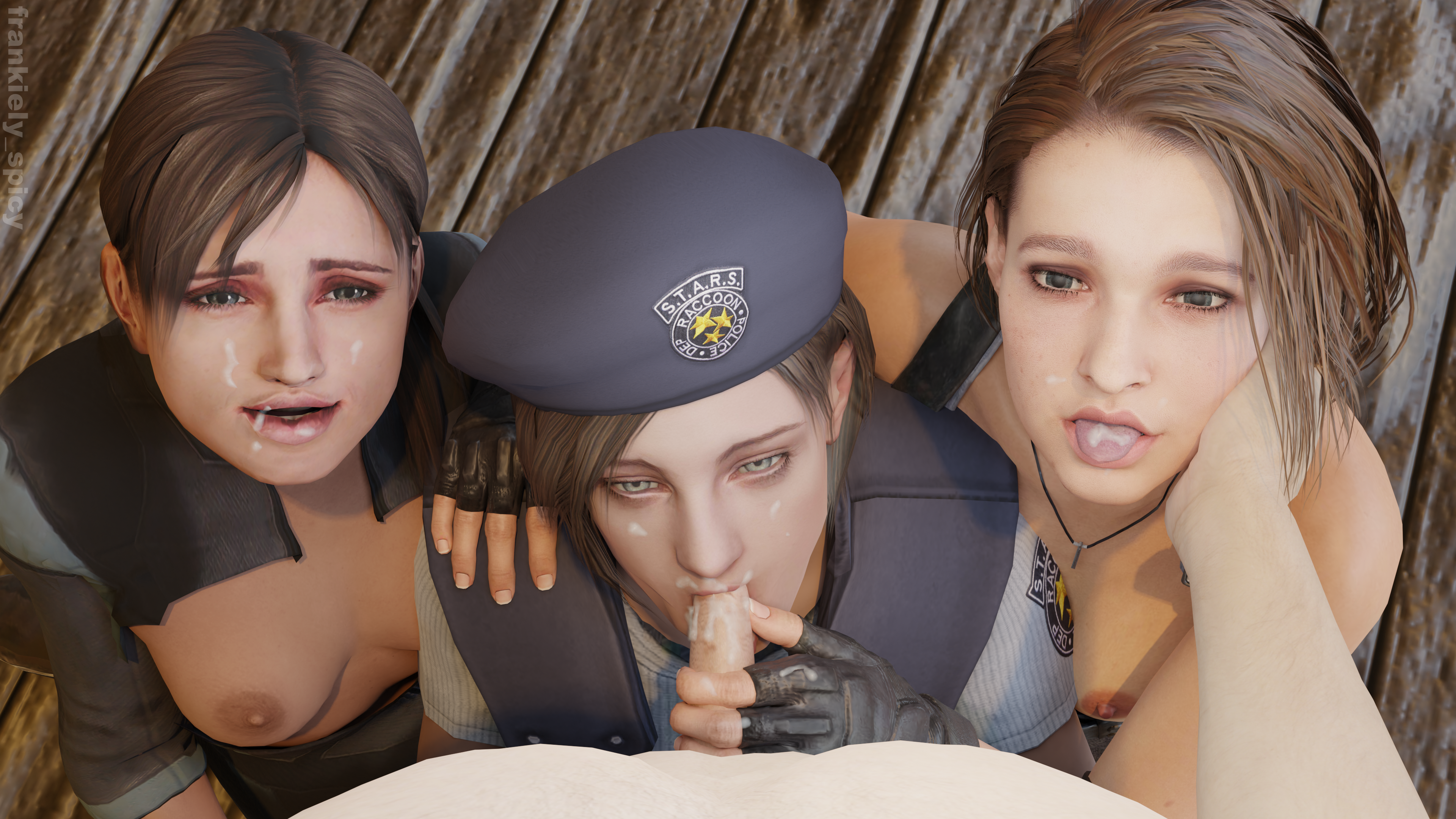 1boy, 3d, 3girls, aroused, average sized penis, beret, biohazard, blender, blowjob, blowjob face, blue eyes, bob cut, breasts, breasts out, brown hair, capcom, cum, cum in mouth, cum on face, female, frankiely spicy, indoors, jill valentine, jill valentine (amra sila), jill valentine (julia voth), jill valentine (sasha zotova), light skin, light-skinned female, looking at viewer, male, pale skin, pale-skinned female, penis, police, police hat, police uniform, policewoman, ponytail, resident evil, resident evil 3, resident evil 3 remake, resident evil remake, resident evil revelations, shirt lift, shirt pull, smile, sucking, sucking penis, tactical nudity, tongue, tongue out, touching face, touching hair