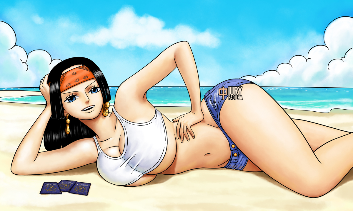 1girls, alternate costume, artist name, bandana, bandanna, bare shoulders, beach, belly button, big breasts, black hair, black-haired female, blue background, blue eyes, blue shorts, blue-eyed female, boa hancock, breasts, busty, card (medium), cards, cleavage, clothing, cloud, collarbone, crop top, curvy, denim, denim shorts, earrings, eyebrows, eyelashes, female, female focus, female only, fit, fit female, gold earrings, hand on head, hand on hip, hand on own head, hand on own hip, headband, hips, hotpants, huge breasts, human, iury padilha, jean shorts, jewelry, large breasts, laying on side, legs, long black hair, long hair, long nails, long-haired female, looking at viewer, midriff, navel, ocean, one piece, open mouth, orange bandanna, outside, pinup, pointing, pointing at viewer, posing, revealing clothes, sand, sea, seaside, seductive, seductive eyes, seductive look, seductive pose, seductive smile, short shorts, shorts, skimpy, sleeveless, smile, snake earrings, solo, solo female, tank top, teeth, thick thighs, thighs, topwear, trading card game, underboob, v, voluptuous, voluptuous female, water, watermark, white tank top, white topwear, wide hips
