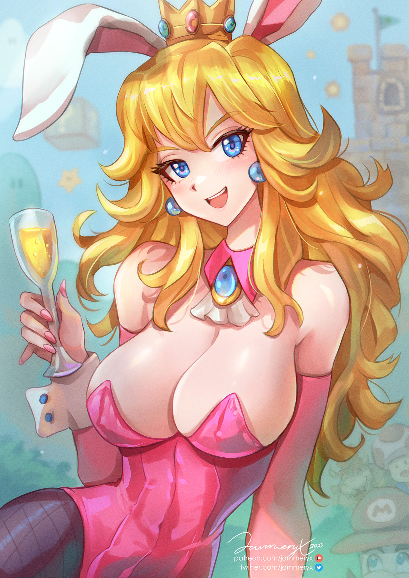 1girls, big breasts, block, blonde hair, blue eyes, blush, bowser, breasts, bunny ears, castle, collar, crown, curly hair, earrings, female, female focus, gem, glass, jammeryx, large breasts, leaning, lingerie, long hair, looking at viewer, mario, mario (series), nail polish, nails, open mouth, pink clothing, pink nails, princess peach, smiling, solo focus, super mario bros., toad (mario), wine, wine glass, wristwear
