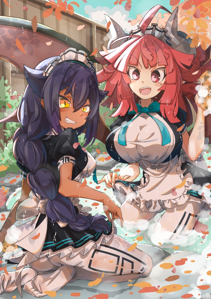 2girls big_breasts braided_ponytail crossover dark-skinned_female demon_girl female_only horns jahy jahy_sama_wa_kujikenai! la_pucelle_tactics light-skinned_female maid_headdress maid_uniform mole_under_eye nippon_ichi_software overlord_priere priere purple_hair red_eyes red_hair sponge thelanddruid water wet white_pantyhose yellow_eyes