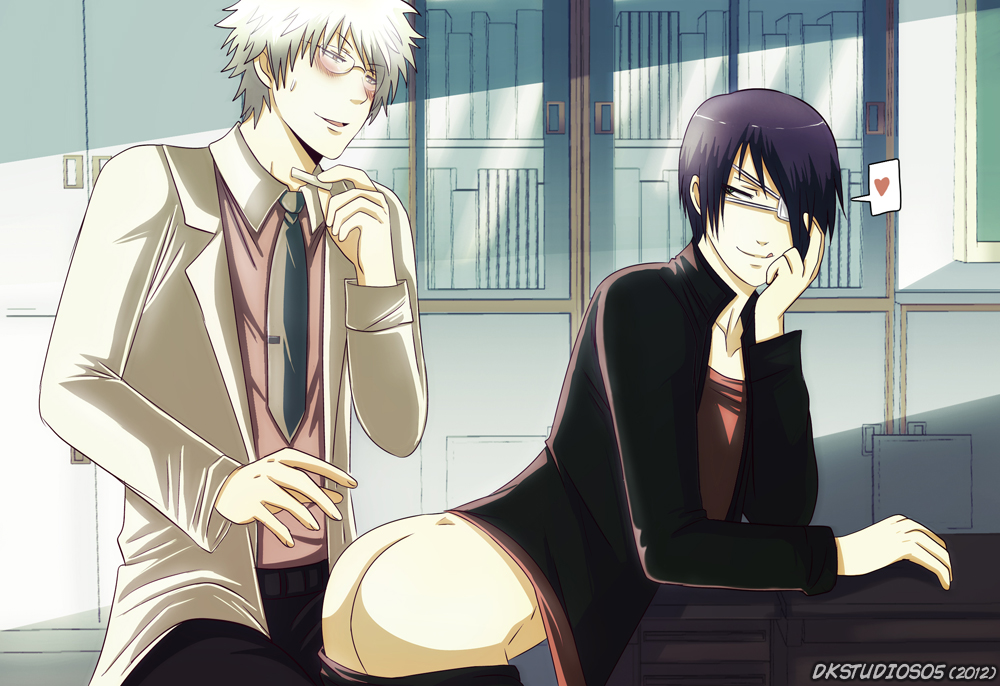 2boys asking_for_it bare_ass blush class_3-z dark_hair dark_purple_hair desk dk_studios eye_patch gakuran gintama gintoki_sakata glasses hair_over_one_eye imminent_sex indoors inviting labcoat leaning_forward looking_back male male_only official_alternate_costume pants_down school_uniform smile spoken_heart sweatdrop takasugi_shinsuke teacher teacher_and_student white_hair yaoi