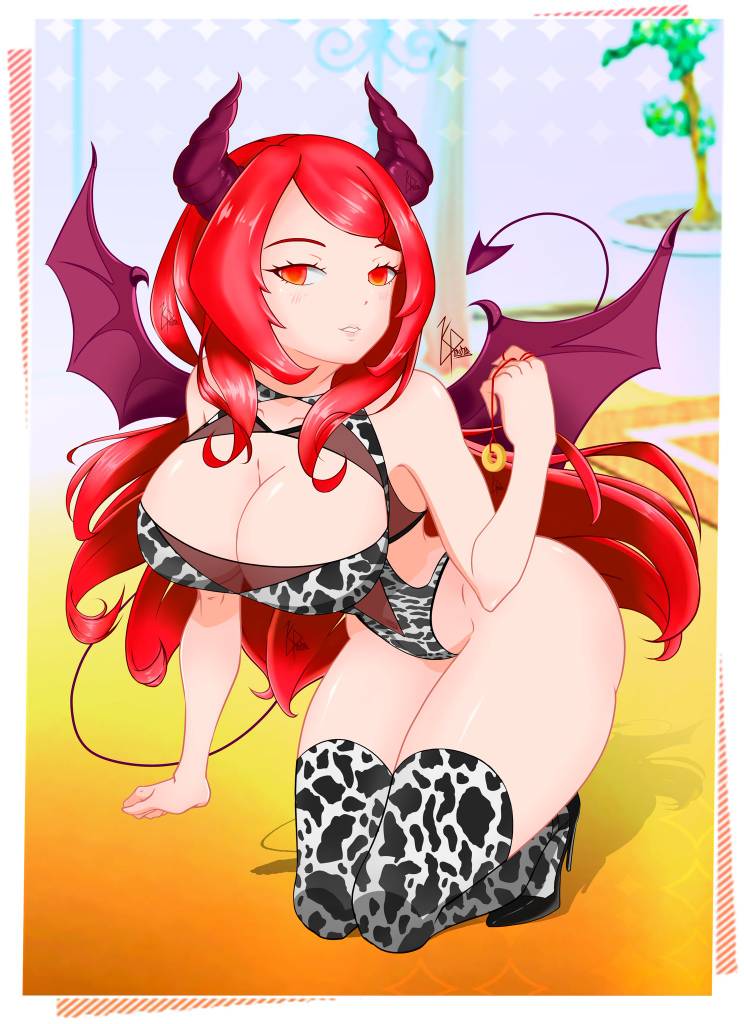 ass big_breasts breasts chile claudiali demon_girl demon_tail glasses grin horns kevin_paintart light-skinned_female light_skin looking_at_viewer red_eyes red_hair short_skirt shortstack skirt streamer succubus twitch twitter virtual_youtuber vtuber youtube youtube_hispanic youtuber