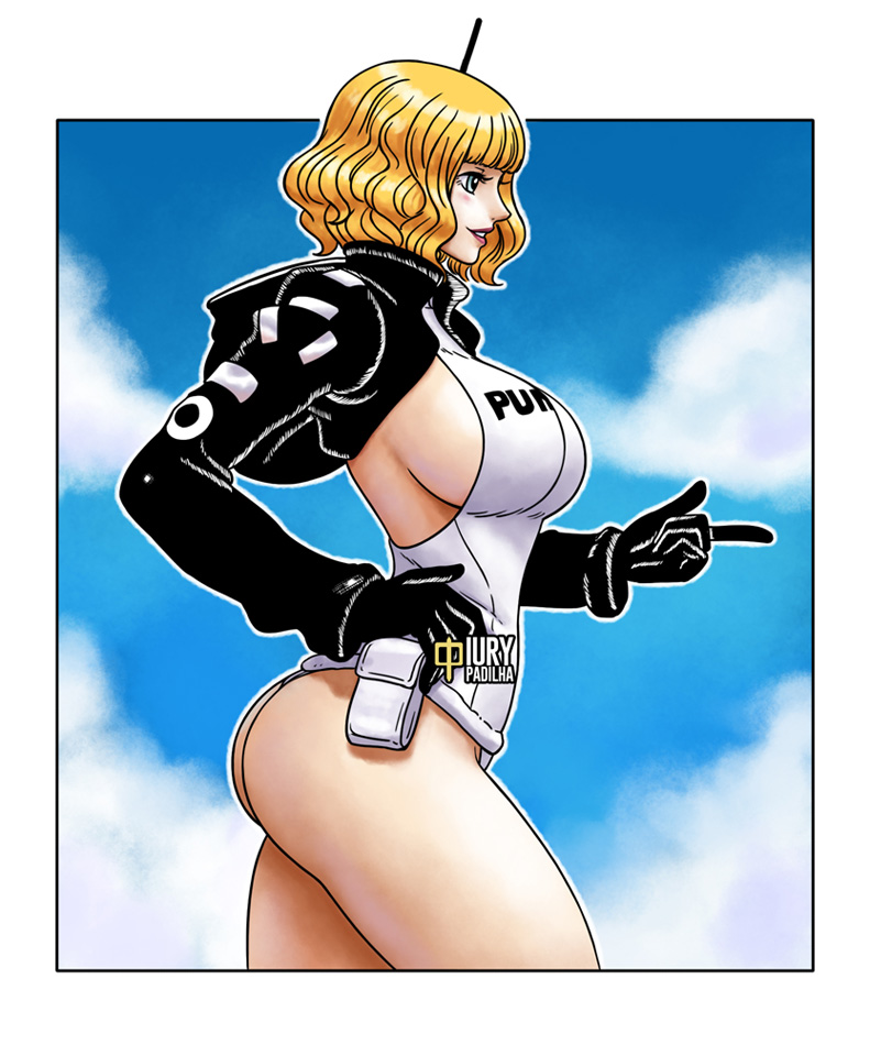 1girls ass big_ass big_breasts blonde_hair bomber_jacket breasts bubble_butt canon canon_costume canon_panties curvy dat_ass egghead female female_only iury_padilha jacket leotard no_pants one_piece panties pose revealing_clothes short_hair sideboob skimpy solo stussy_(one_piece) voluptuous