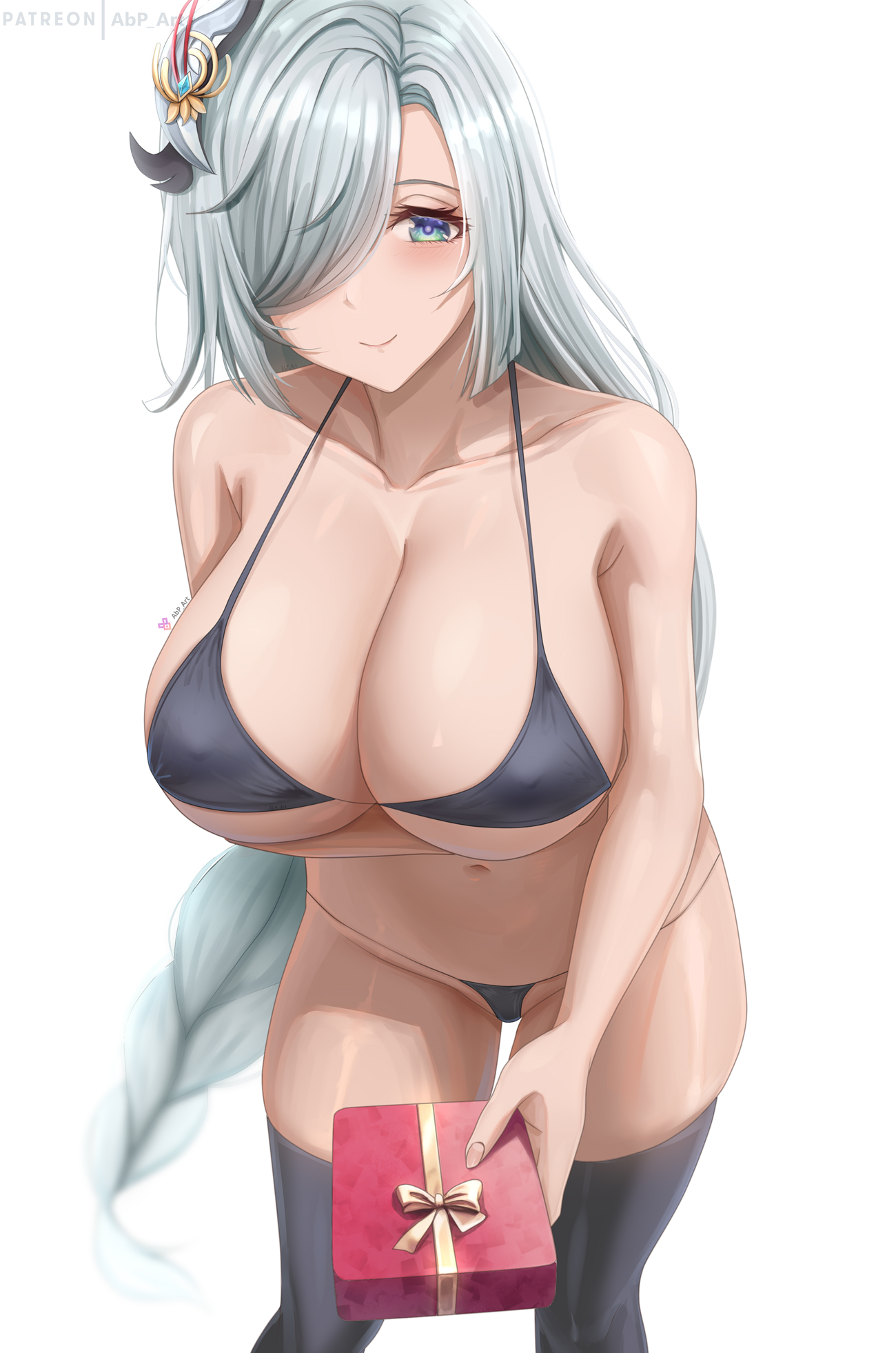 1girls, abp art, bikini, black bikini, breasts, cleavage, female, genshin impact, grin, high resolution, holding object, huge breasts, light skin, light-skinned female, long hair, shenhe (genshin impact), simple background, smile, valentine's day, white hair