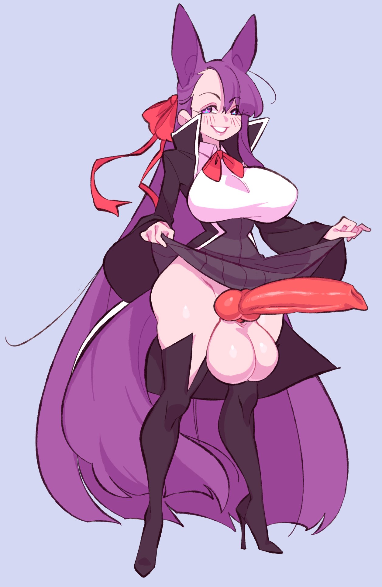 1futa, 2023, animal ears, animal genitalia, animal genitalia on humanoid, balls, bangs, bb (fate), big breasts, big hips, blush, bottomless, bow, breasts, canine penis, canine penis on humanoid, clothed, clothing, dress, dress lift, erection, fate (series), female, fox ears, fox girl, fox tail, full body, futa only, futanari, hairbow, high heel boots, high heels, hourglass figure, huge balls, huge cock, humanoid, intersex, kemonomimi, knot, light skin, light-skinned futa, long hair, looking at viewer, mostly clothed, penis, purple hair, siiiiiinchan, smile, solo, standing, thick thighs, thigh boots, thighhighs, very long hair, wide hips
