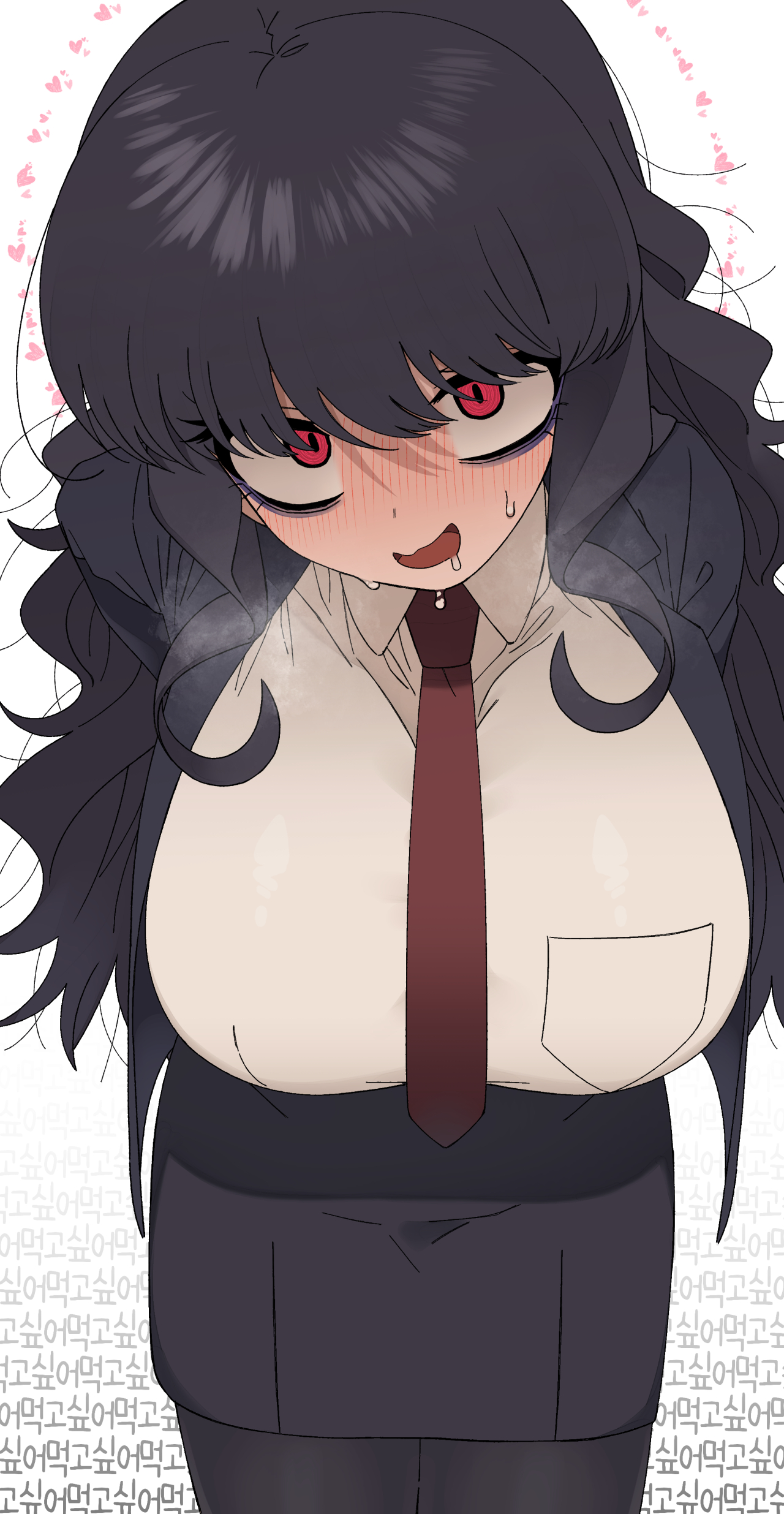 1girls, black hair, blush, breasts, busty, crazy eyes, crazy smile, female, heart, heavy breathing, hi res, huge breasts, korean text, leaning forward, nakta, necktie, office lady, original, original character, pencil skirt, red eyes, skirt, smile, solo, sweat, tagme, yandere, yang darae, you're under my skin