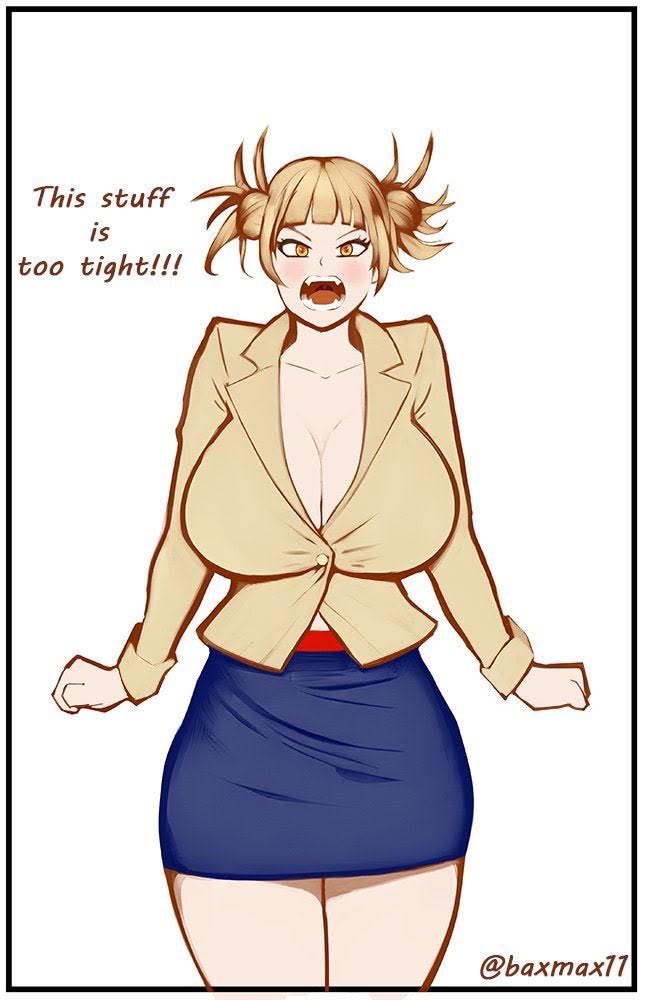 1girls angry baxmax11 blonde_hair breasts bursting_breasts business_woman cleavage fangs flustered himiko_toga huge_breasts my_hero_academia no_bra skirt thighs tight_clothing wide_hips yellow_eyes