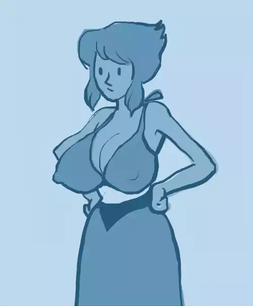 alternate breast size, blue hair, blue skin, blue theme, breast expansion, breast growth, breast growth (enlargement), breasts, cleavage, covered nipples, crop top, drawfag, dress, female, hands on hips, huge breasts, lapis lazuli (steven universe), large breasts, mob face, short hair, skirt, steven universe, top heavy
